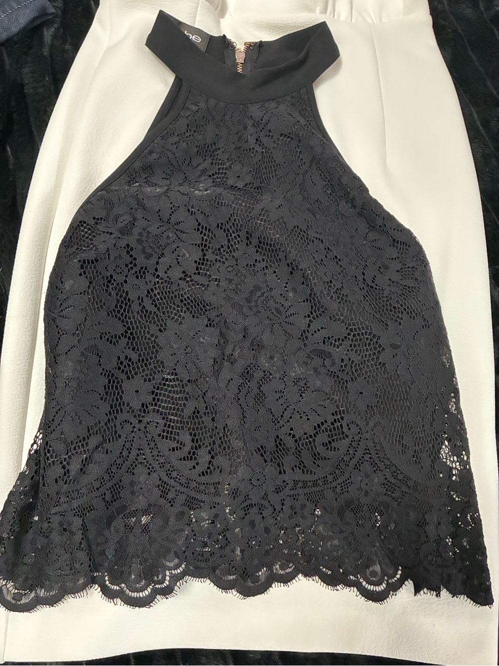 bebe Black Floral Lace Halter Top XS Scalloped Hem